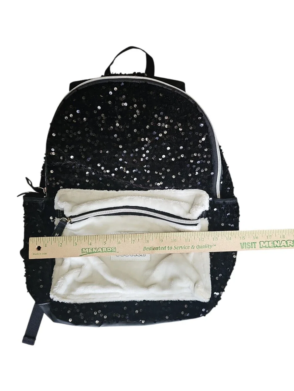 Justice Peanuts Snoopy Black Sequir Backpack Hooded Fuzzy Pocket EUC